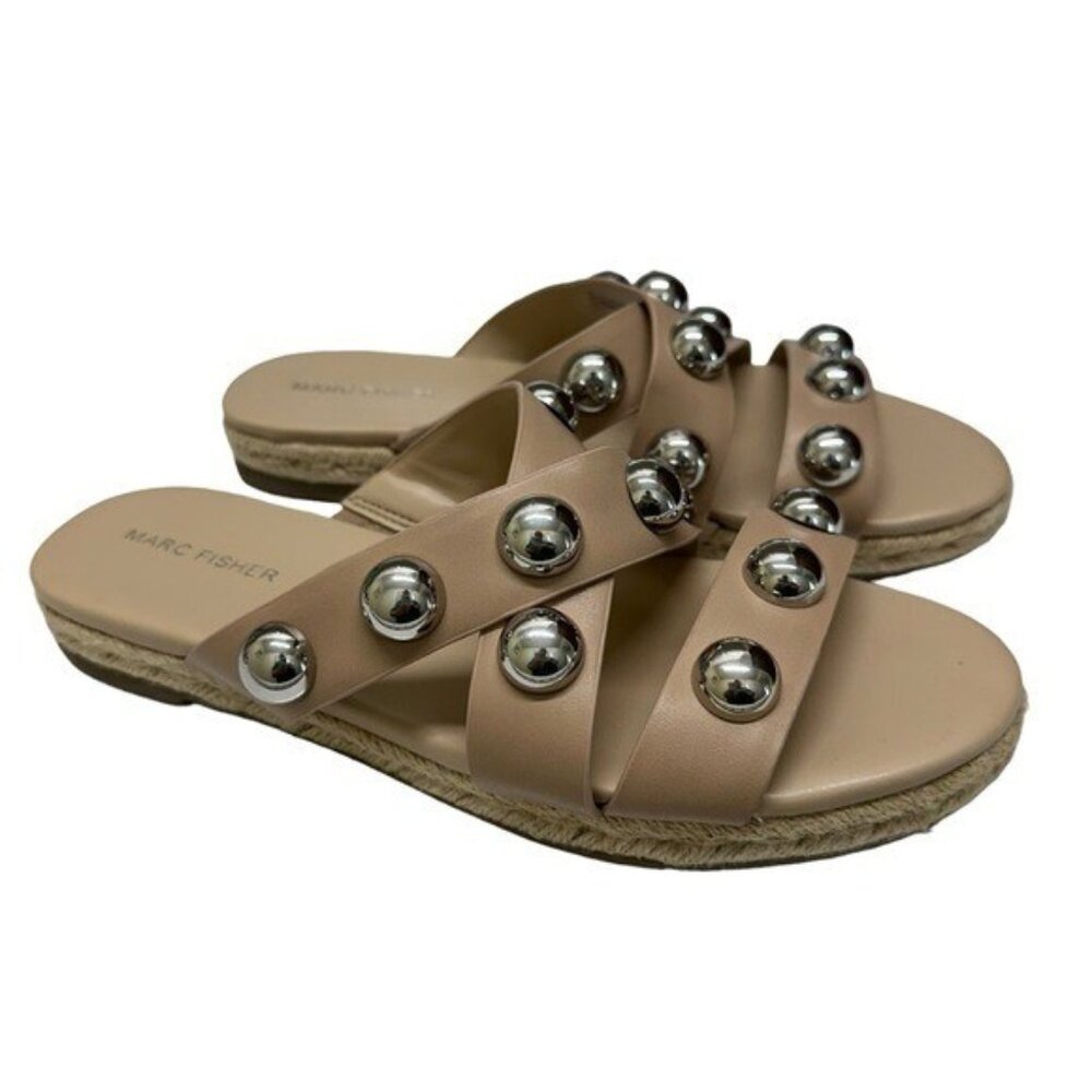 Marc Fisher 9M Prisca Silver Ball Studded Slide Sandals Light Natural Espadrille